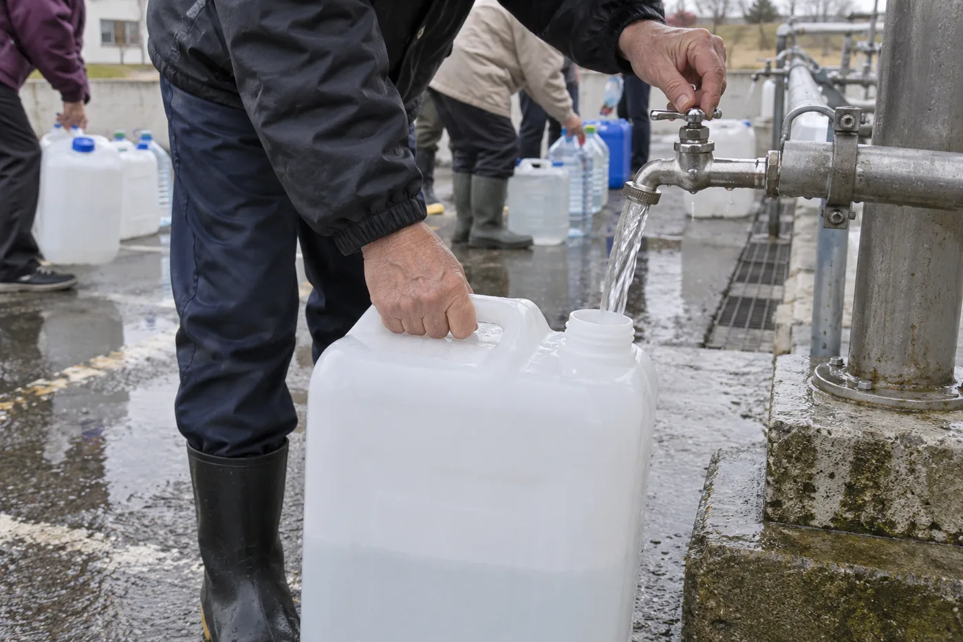 断水時の給水拠点で、蛇口から容器に水をくむ住民